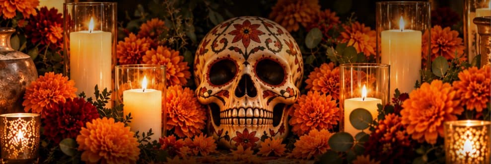An ofrenda of marigolds and candles surrounding a painted sugar skull